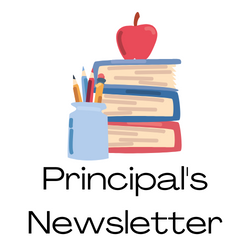 Illustration of books, apple, and pencil holder. The words Principal's Newsletter are along the bottom.